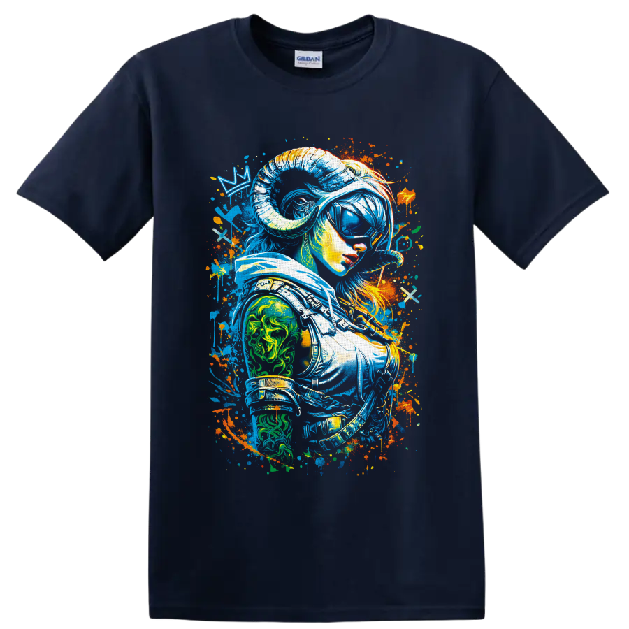 Neon graffiti woman astronaut portrait with a reflective visor and cosmic paint splatters on a Navy (Blue) T Shirt