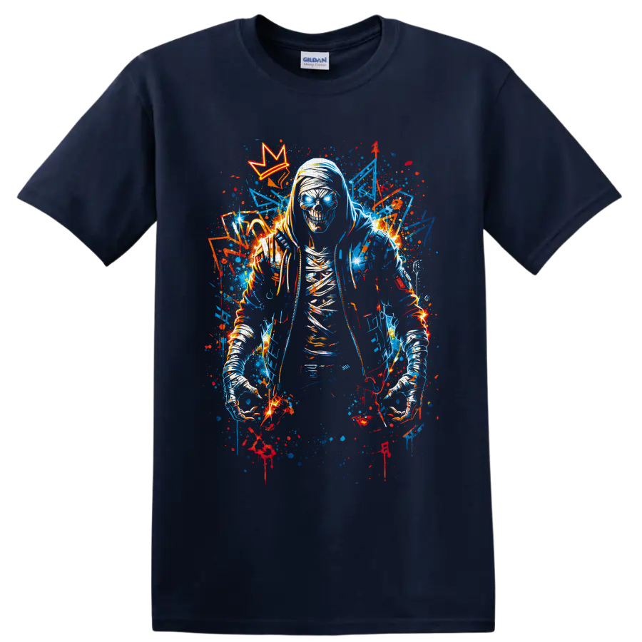 Hooded skeleton with glowing blue eyes, crown, and neon graffiti splatters on a Navy (Blue) T Shirt