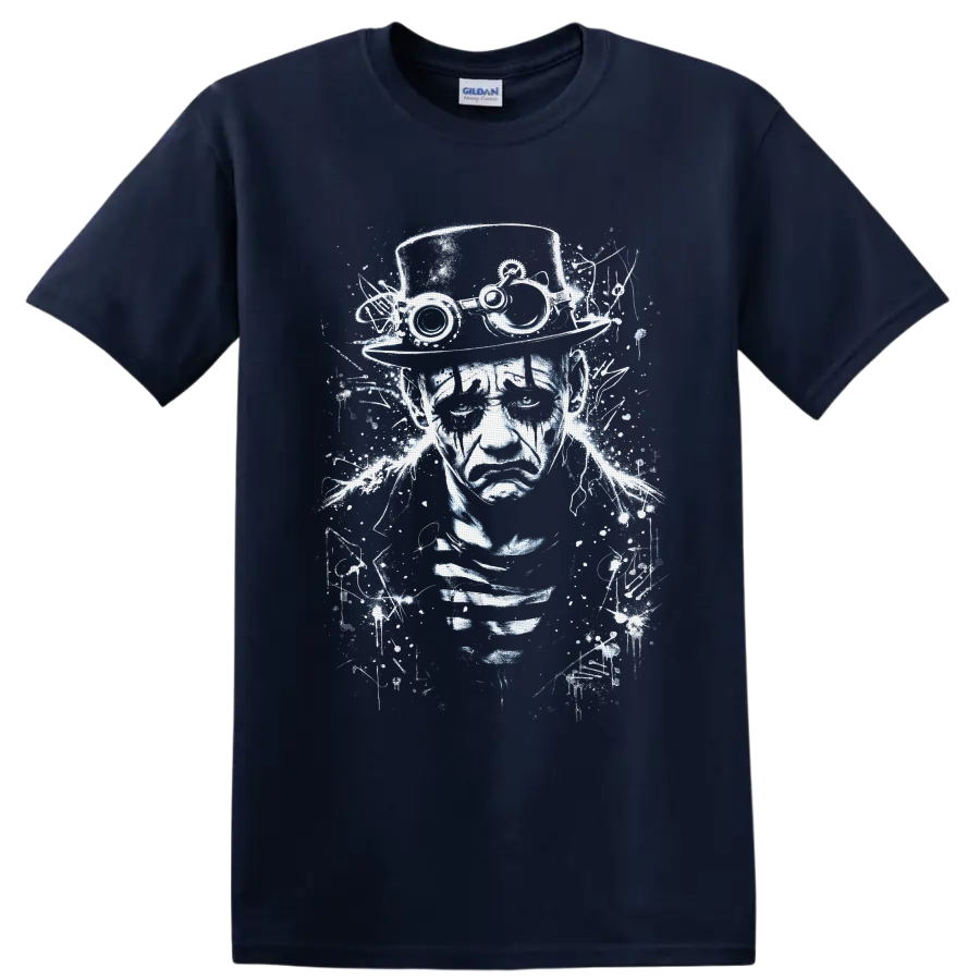 Steampunk gothic portrait with top hat goggles and distressed industrial linework on a Navy (Blue) T Shirt