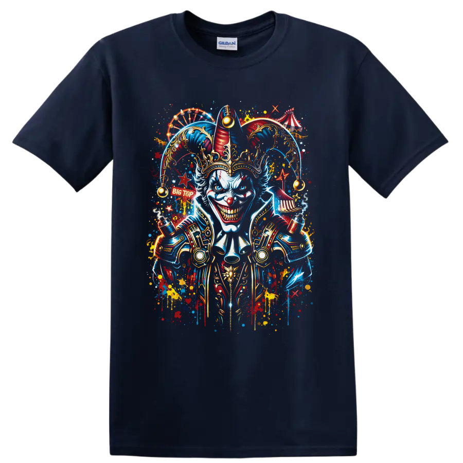 Sinister crowned jester clown with Big Top circus tents in vibrant graffiti style on a Navy (Blue) T Shirt