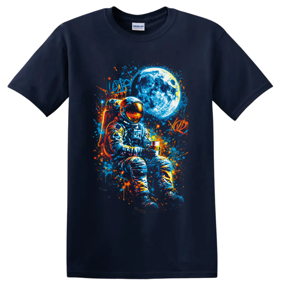 Seated astronaut beneath a cratered moon in vivid blue and orange graffiti art on a Navy (Blue) T Shirt