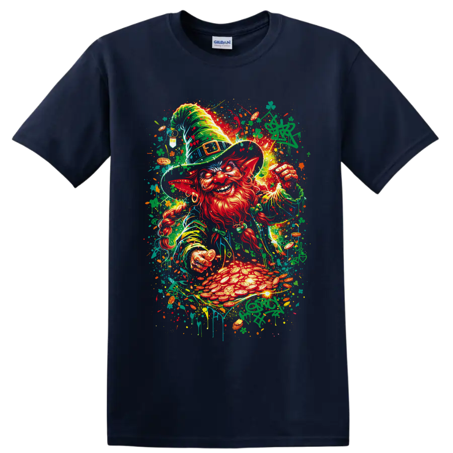 Graffiti-style leprechaun with shamrocks, gold coins, and glowing pot of gold on a Navy (Blue) T Shirt