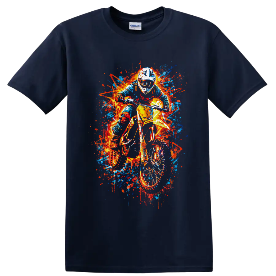 Helmeted motocross rider on dirt bike in neon graffiti paint-splash art on a Navy (Blue) T Shirt