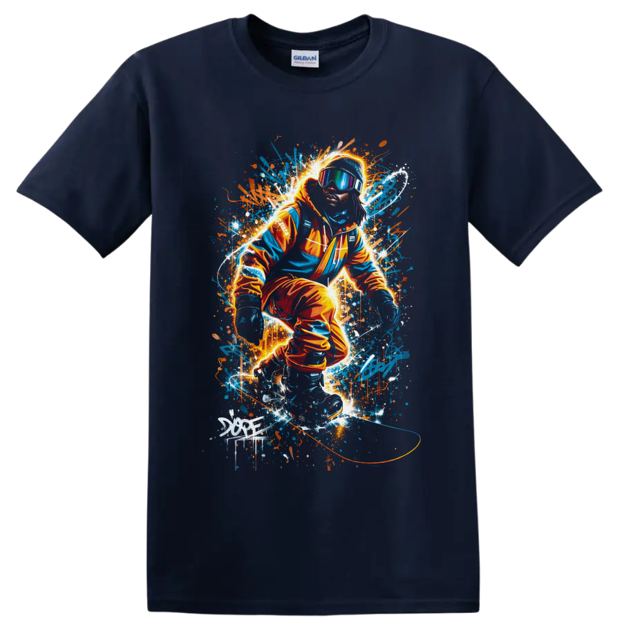 Neon graffiti snowboarder in goggles carving through glowing blue and orange snow spray on a Navy (Blue) T Shirt