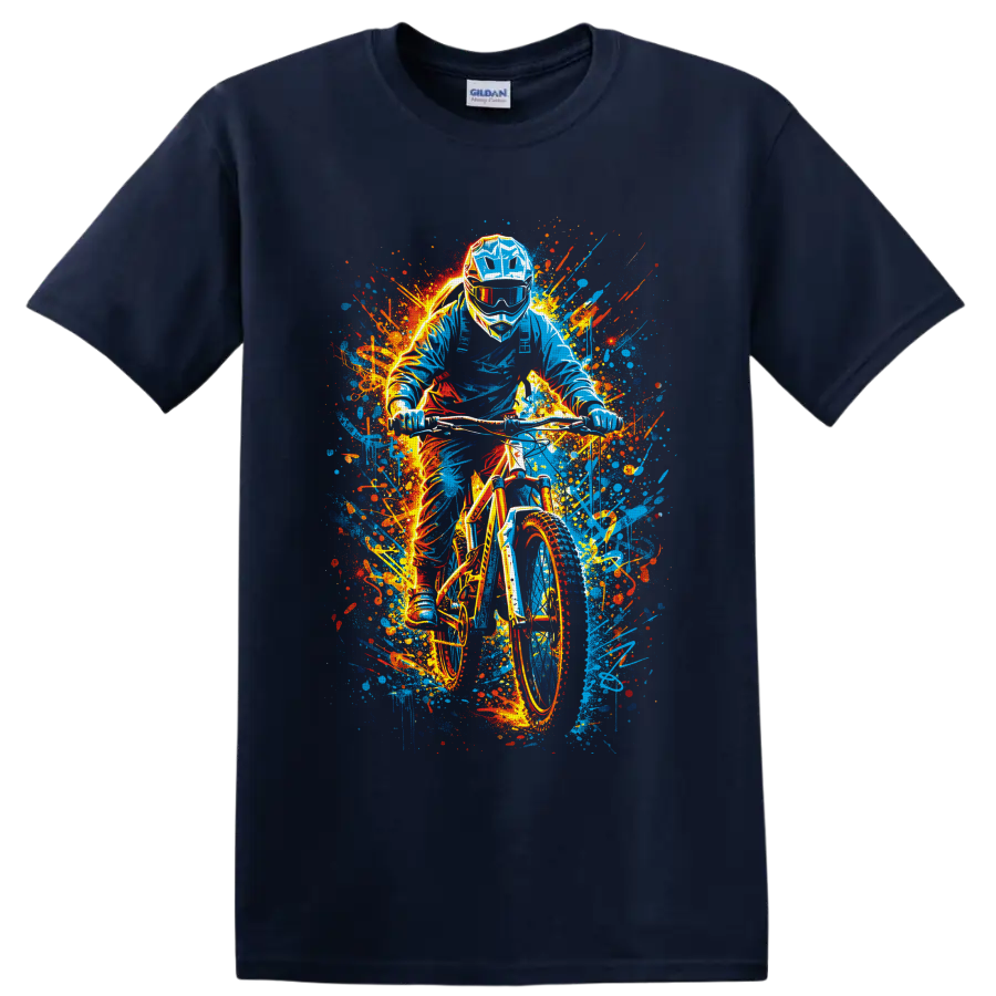 Helmeted motocross rider on dirt bike in vivid graffiti-style paint splashes on a Navy (Blue) T Shirt