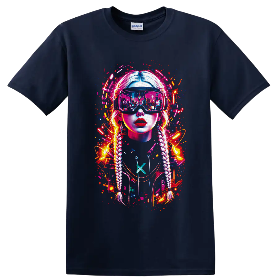 Cyberpunk braided woman in VR goggles with neon city reflection and digital splatter on a Navy (Blue) T Shirt