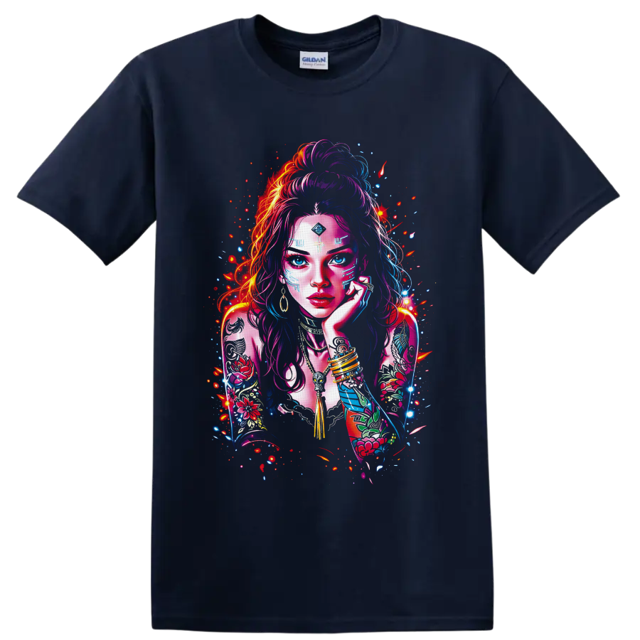 Neon futuristic portrait of a tattooed woman with blue eyes, jewelry, and floral arm art on a Navy (Blue) T Shirt