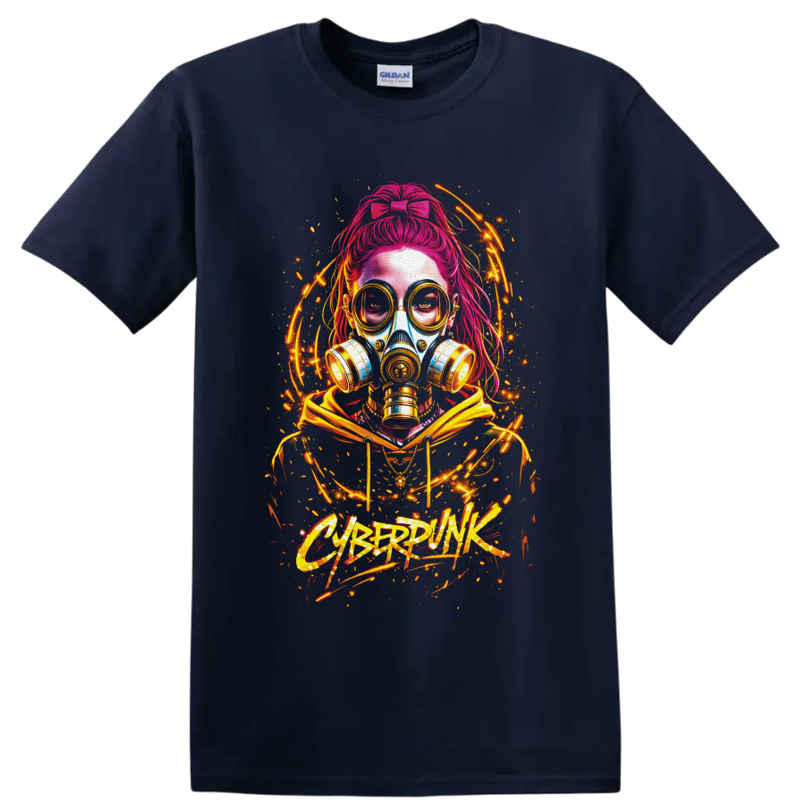 Cyberpink pink-haired woman in gas mask with neon orange graffiti energy arcs on a Navy (Blue) T Shirt