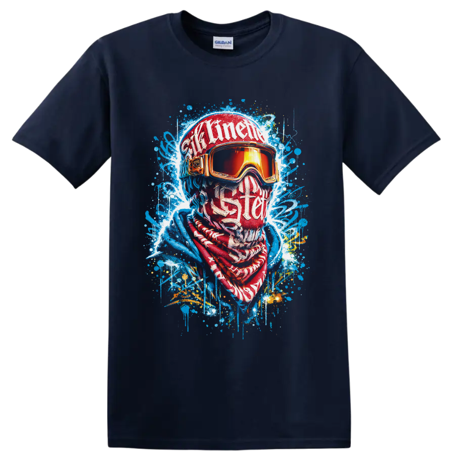 Graffiti-style winter sports portrait with ski goggles, helmet, scarf, and paint splatters on a Navy (Blue) T Shirt