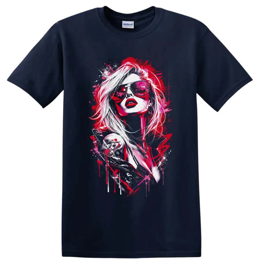 Red fashion portrait in reflective sunglasses with paint splatter street art on a Navy (Blue) T Shirt