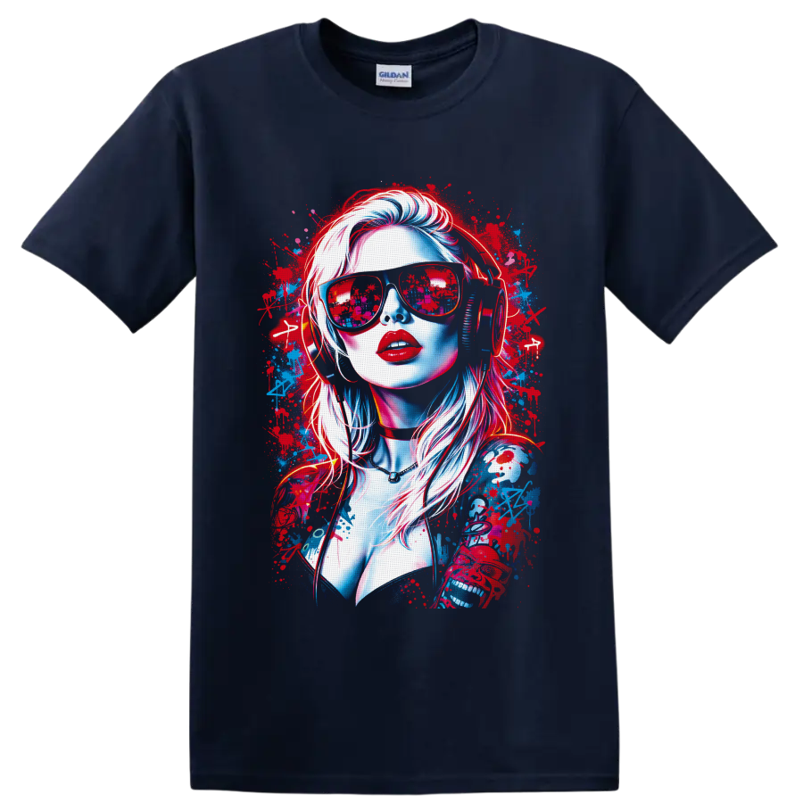 Neon woman portrait with sunglasses, headphones, and red-blue graffiti splatters on a Navy (Blue) T Shirt