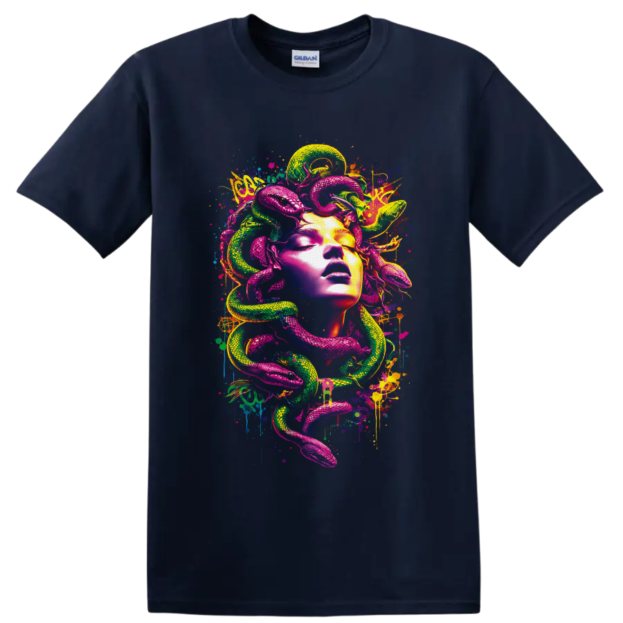 Neon Medusa-inspired portrait with coiling pink and green snakes in graffiti art on a Navy (Blue) T Shirt