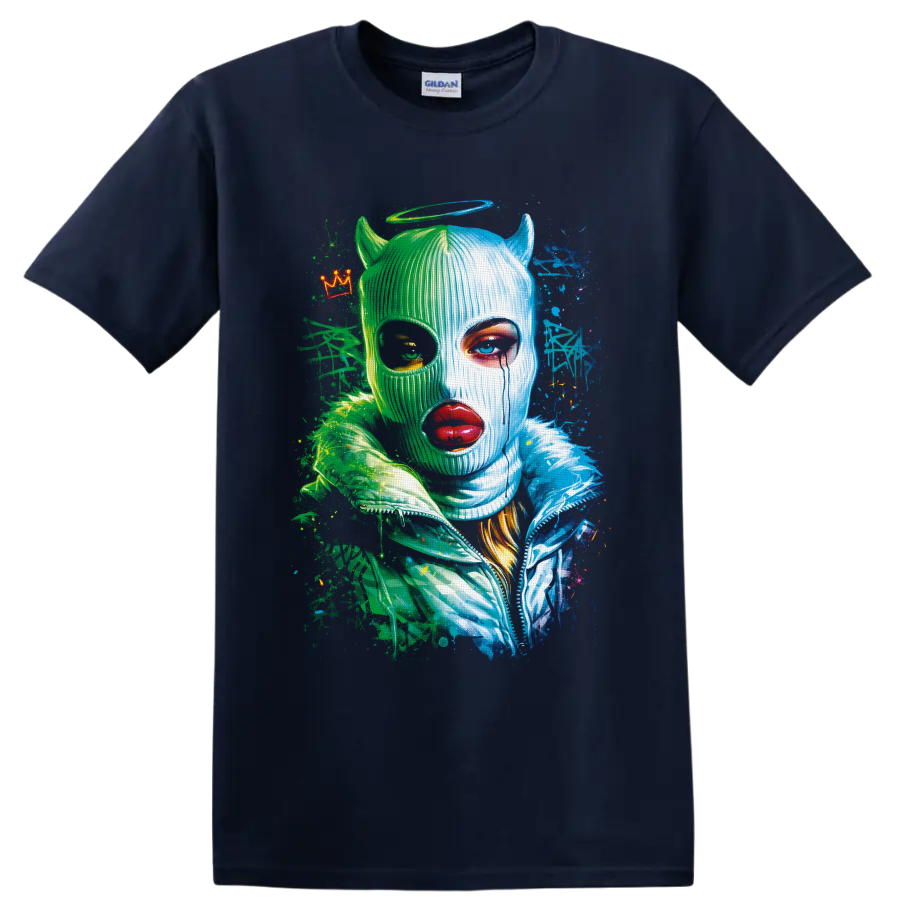 Neon green and blue horned masked portrait with halo, crown, and splatter art on a Navy (Blue) T Shirt