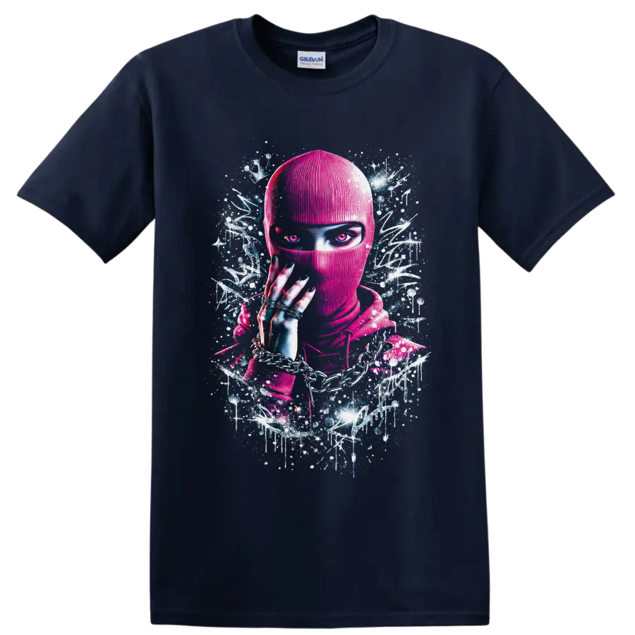 Neon pink masked woman with chains and rings in cyberpunk graffiti portrait art on a Navy (Blue) T Shirt
