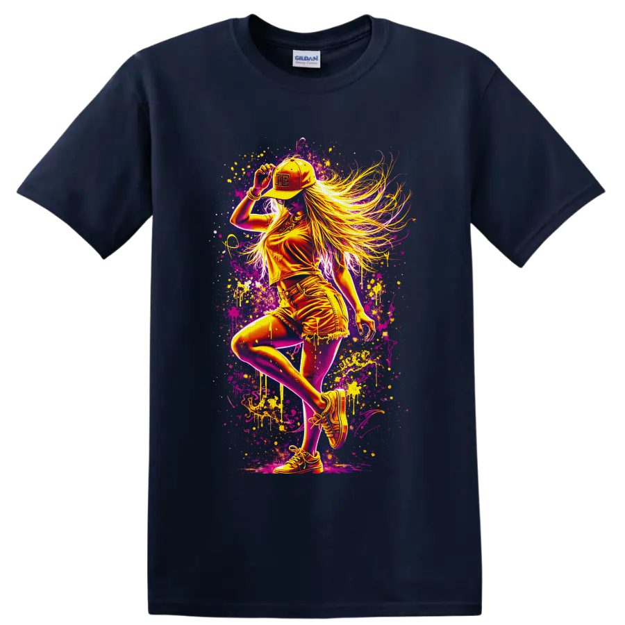 Neon dance girl in cap and sneakers with flowing hair and graffiti paint splatters on a Navy (Blue) T Shirt