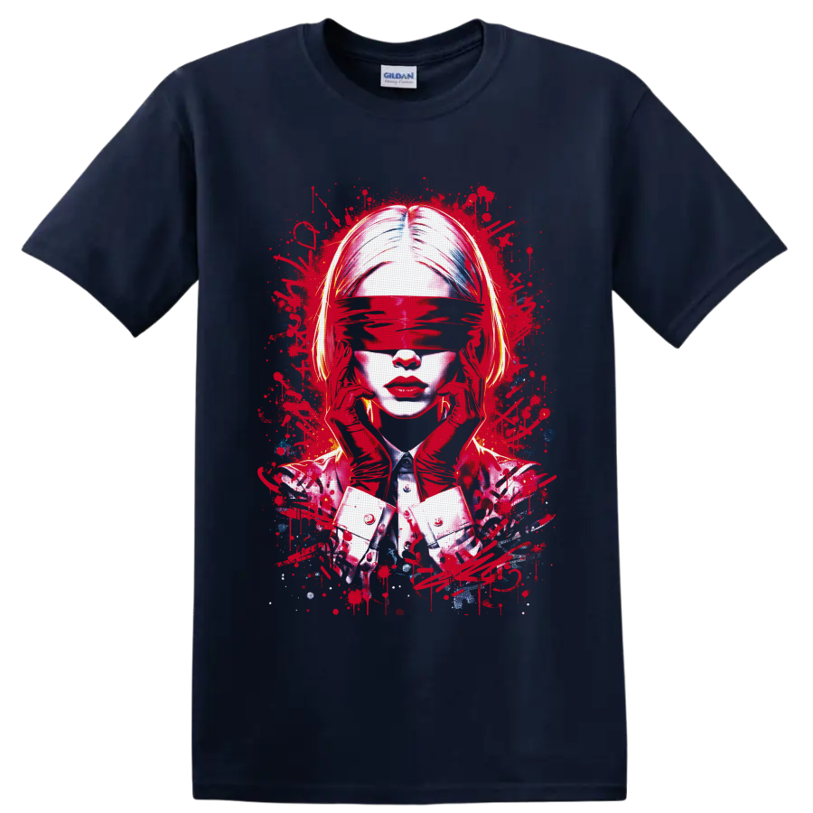 Blindfolded woman abstract portrait with red paint splatters and red gloves on a Navy (Blue) T Shirt