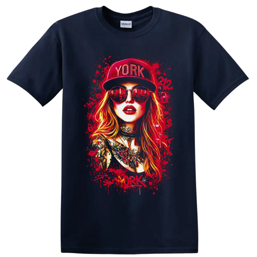 Tattooed woman portrait in YORK cap and sunglasses with red paint-splatter street art on a Navy (Blue) T Shirt