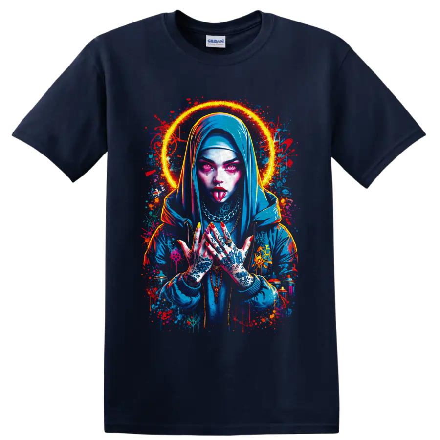 Neon tattooed gothic woman in a blue hood with a glowing halo and graffiti splashes on a Navy (Blue) T Shirt