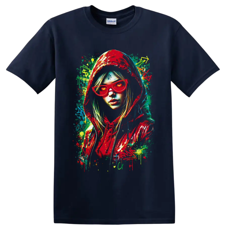 Hooded woman in red sunglasses with colorful graffiti paint splatter portrait on a Navy (Blue) T Shirt