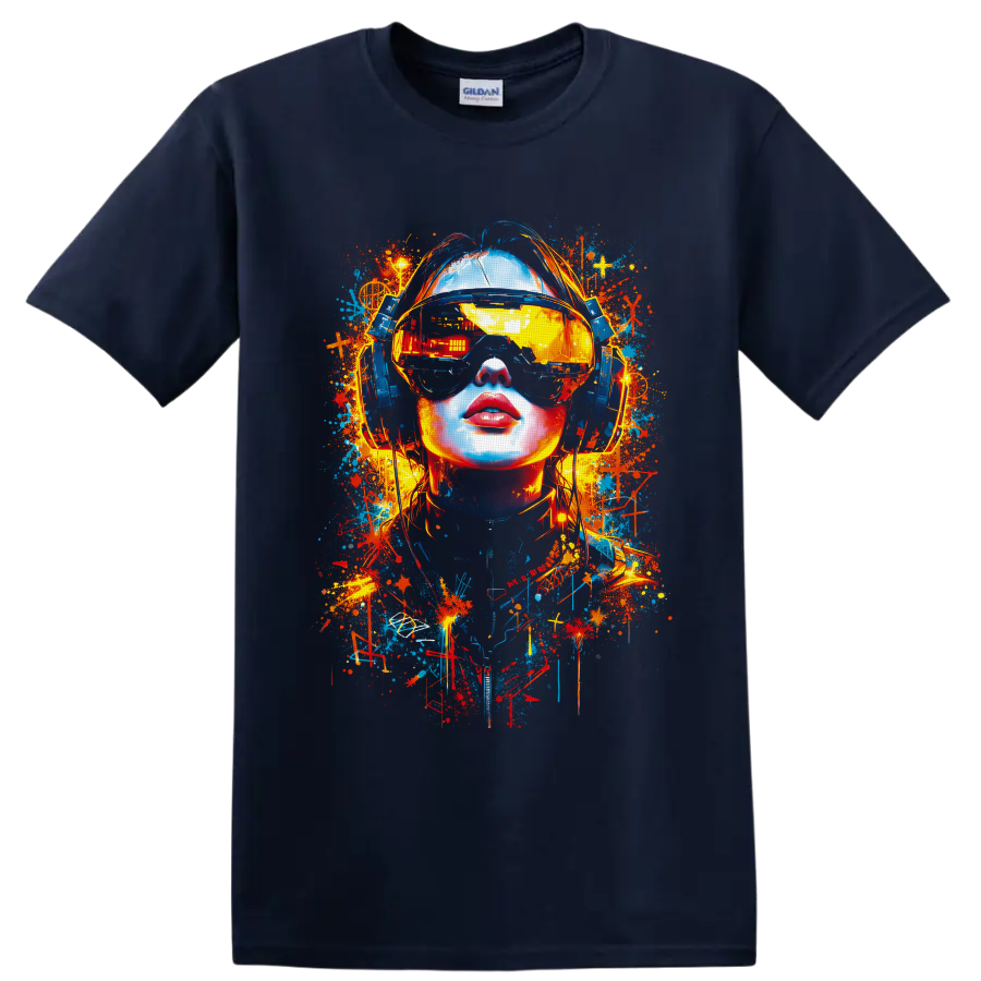 Cyberpunk woman in reflective VR visor and headphones with neon graffiti splashes on a Navy (Blue) T Shirt