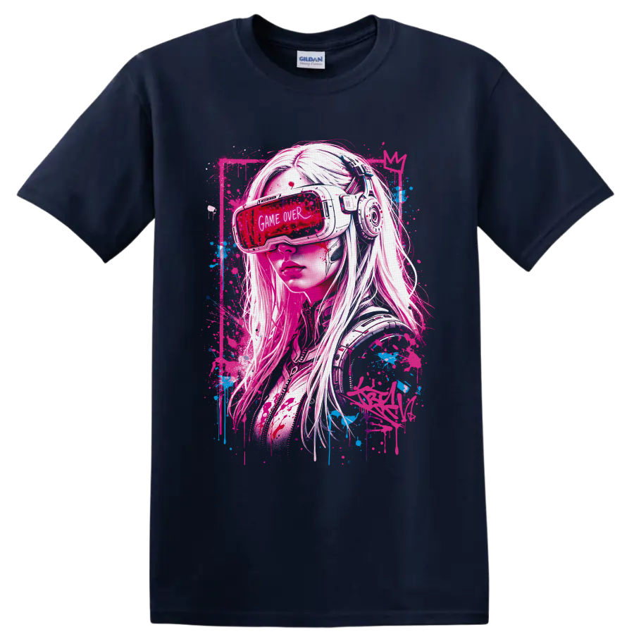 Cyberpunk gamer girl in VR headset with Game Over visor and neon graffiti splatters on a Navy (Blue) T Shirt