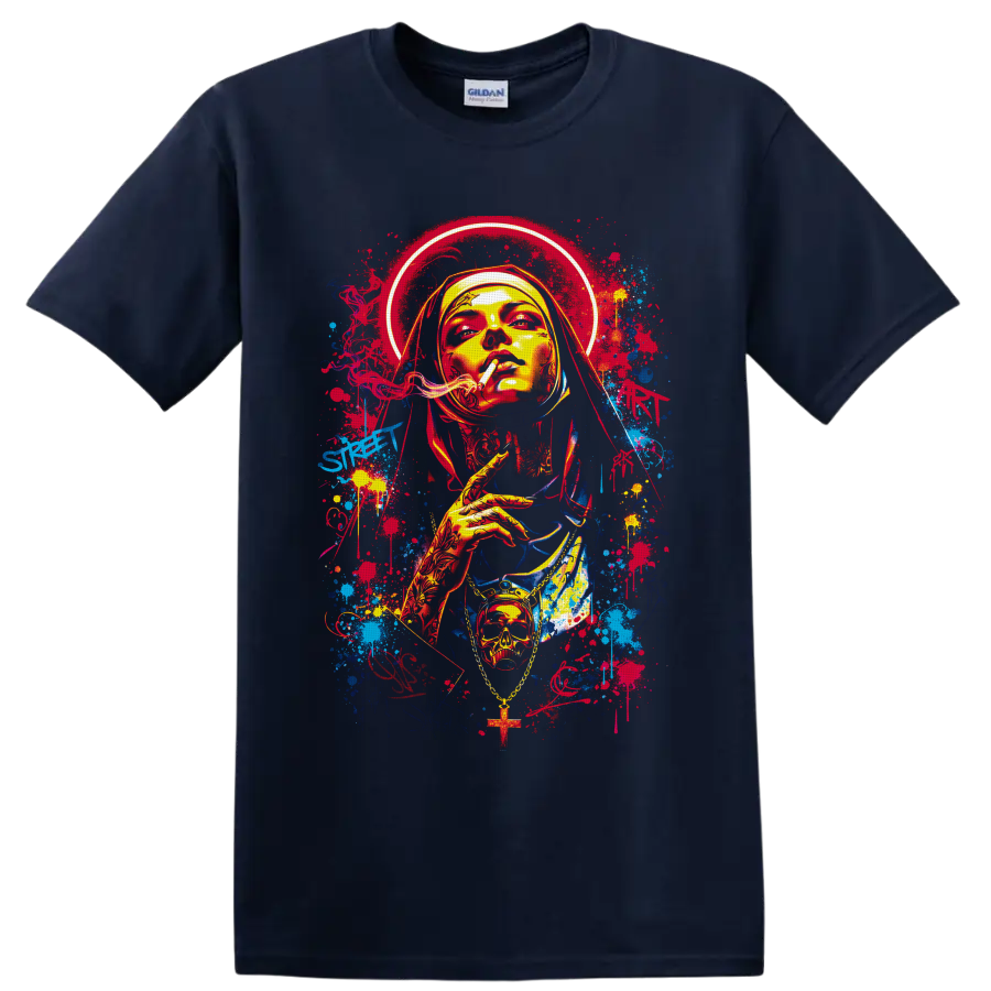 Gothic smoking nun portrait with halo, skull pendant, cross, and graffiti splatters on a Navy (Blue) T Shirt