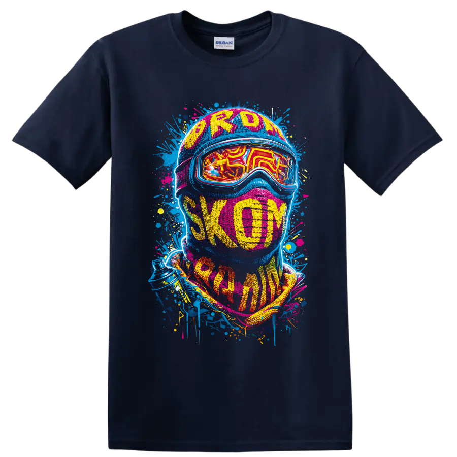 Neon graffiti helmeted skier portrait with reflective goggles and Freedom text on a Navy (Blue) T Shirt