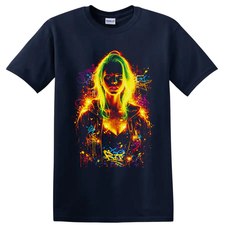 Neon graffiti woman portrait with lime-green hair, paint splatters, and urban street art on a Navy (Blue) T Shirt