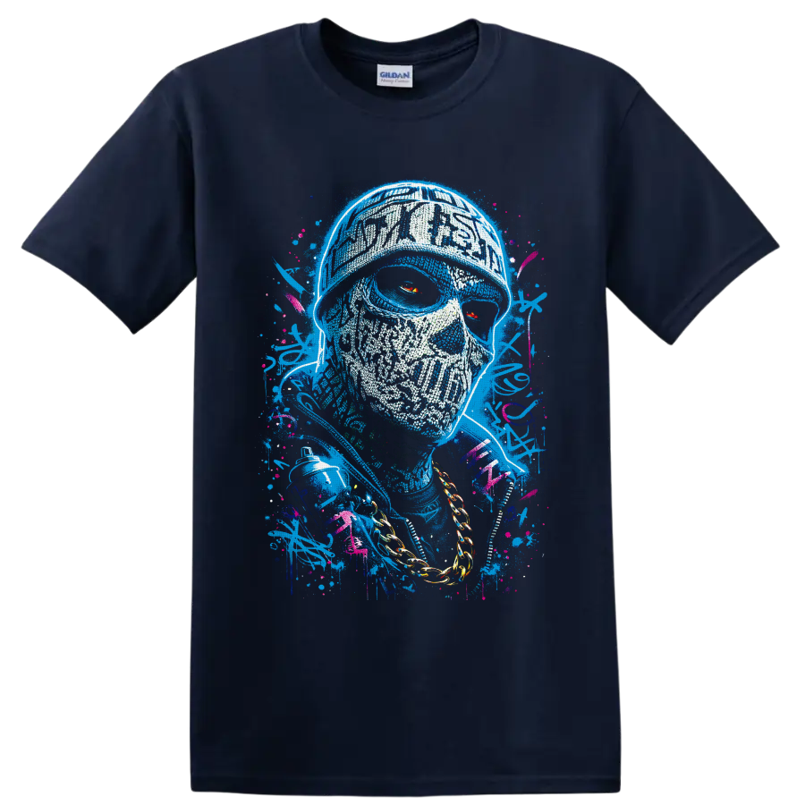 Graffiti-style skull portrait with red eyes, gold chain, spray can, and paint splatters on a Navy (Blue) T Shirt