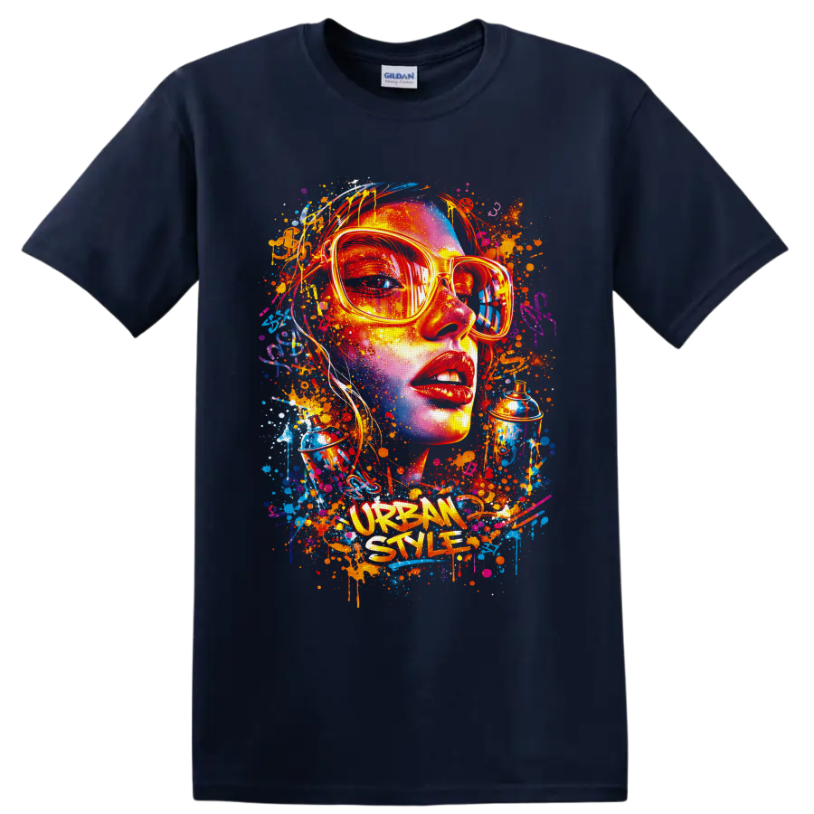 Graffiti-style woman portrait in sunglasses with spray cans and Urban Style text on a Navy (Blue) T Shirt