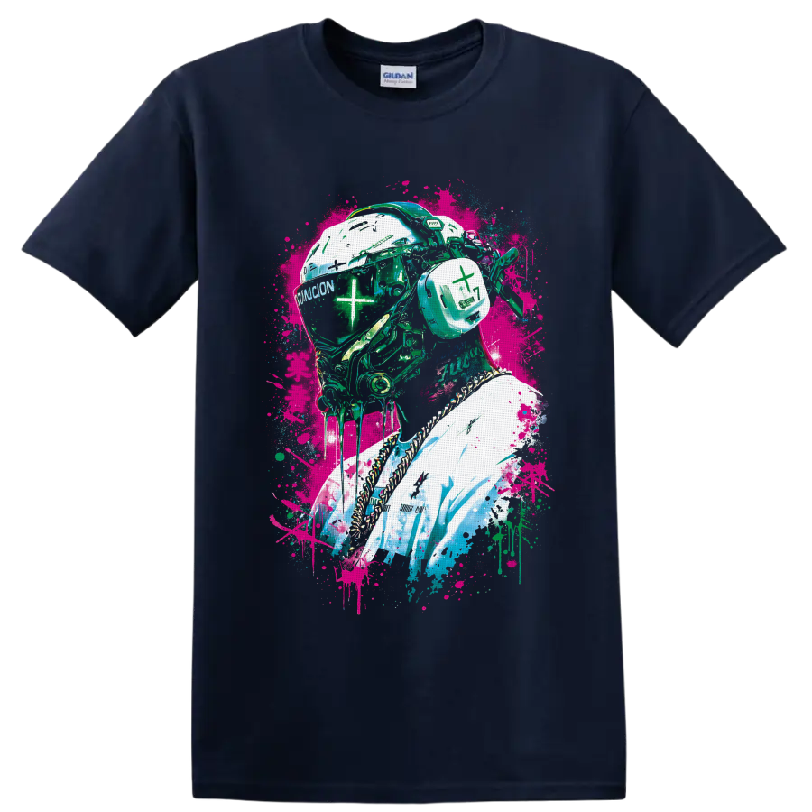 Cyberpunk helmeted portrait with neon graffiti splatters and mechanical details on a Navy (Blue) T Shirt