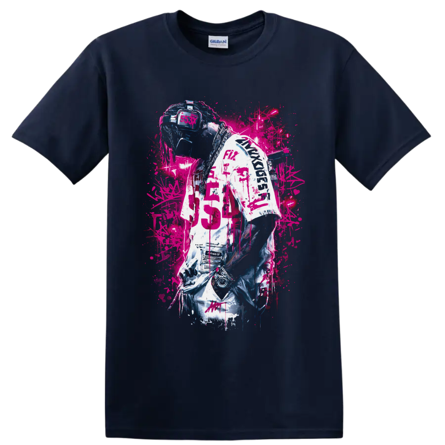 Cyberpunk DJ portrait with visor headset, chains, jersey, and neon pink graffiti on a Navy (Blue) T Shirt