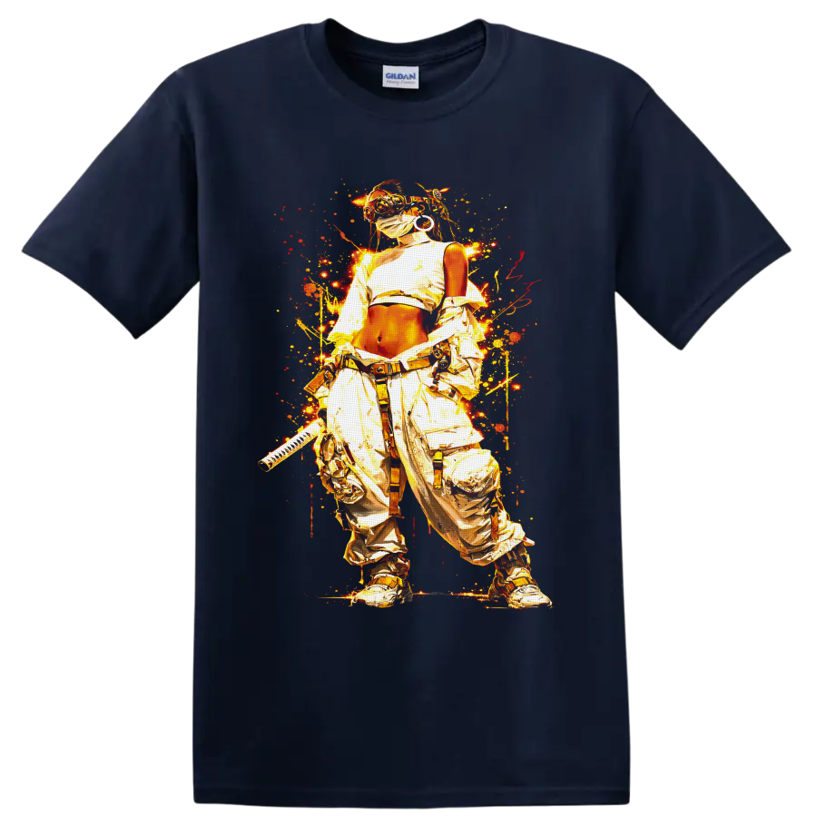 Cyberpunk masked ninja warrior with katana in fiery gold graffiti splatter art on a Navy (Blue) T Shirt