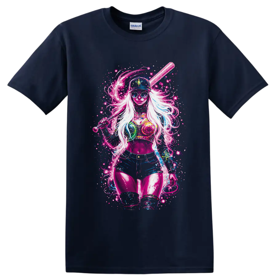 Neon pop art woman in cap and sunglasses holding a baseball bat amid cosmic splatters on a Navy (Blue) T Shirt