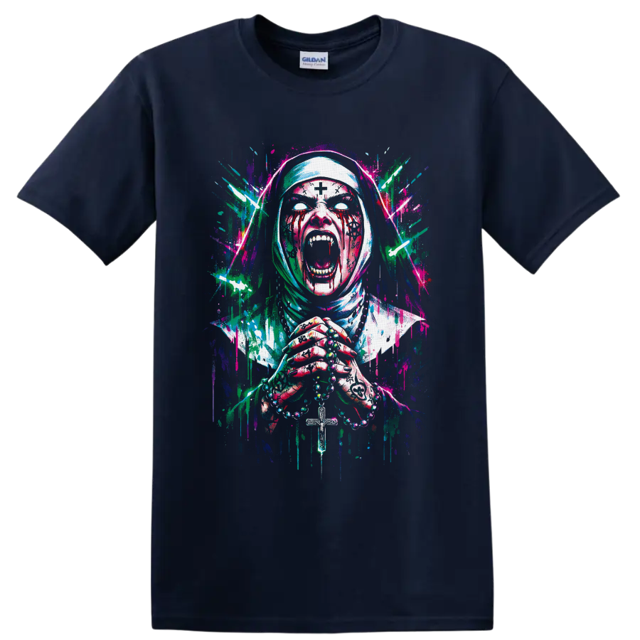 Neon splatter art of a screaming zombie nun holding rosary beads and a cross on a Navy (Blue) T Shirt