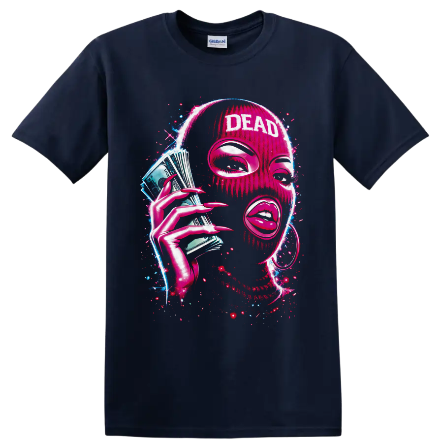 Neon pink masked portrait with DEAD text, cash fan, long nails, and electric splatter art on a Navy (Blue) T Shirt