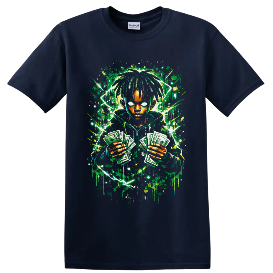 Neon graffiti portrait of a dreadlocked figure holding fanned dollar bills on a Navy (Blue) T Shirt
