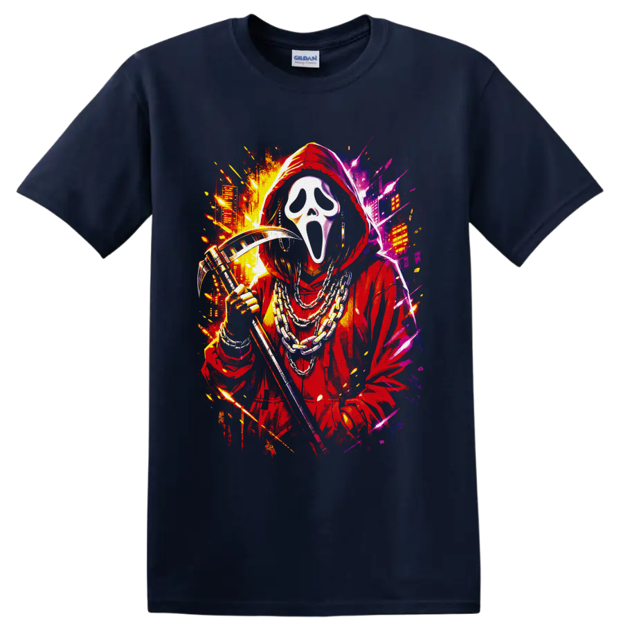 Ghostface in red hood with chains and reaper blade in neon splatter street art on a Navy (Blue) T Shirt