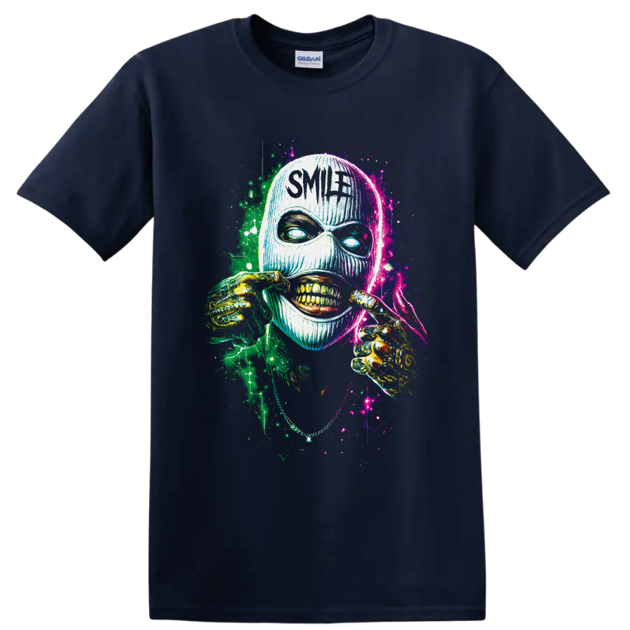 Neon masked skull grin with skeletal hands and Smile text in splatter art on a Navy (Blue) T Shirt