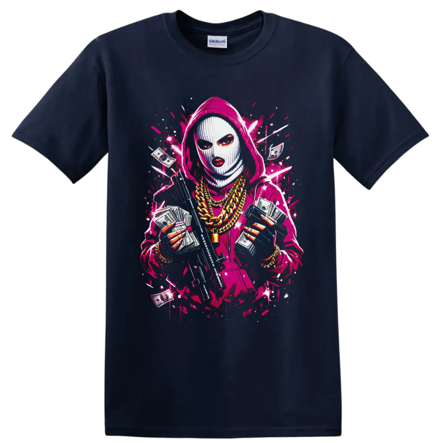 Masked hooded figure with cash, gold chains, rifle, and neon graffiti splatters on a Navy (Blue) T Shirt