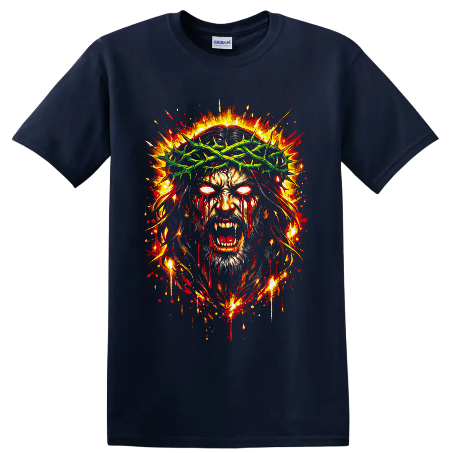 Zombie Jesus portrait with green crown of thorns, glowing eyes, and fiery gothic splatter on a Navy (Blue) T Shirt