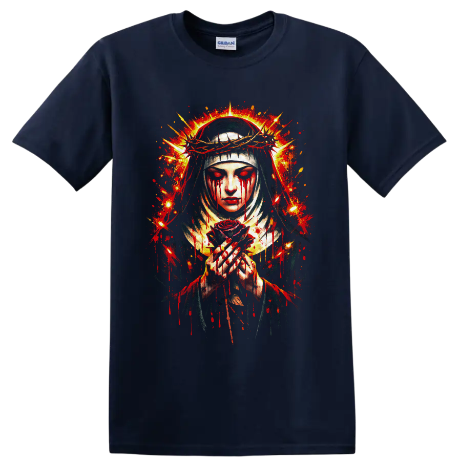 Gothic veiled woman with crown of thorns, crimson tears, red rose, and halo splatter art on a Navy (Blue) T Shirt