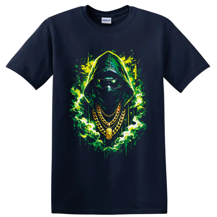 Hooded masked figure with sunglasses, gold chains, and neon graffiti smoke on a Navy (Blue) T Shirt