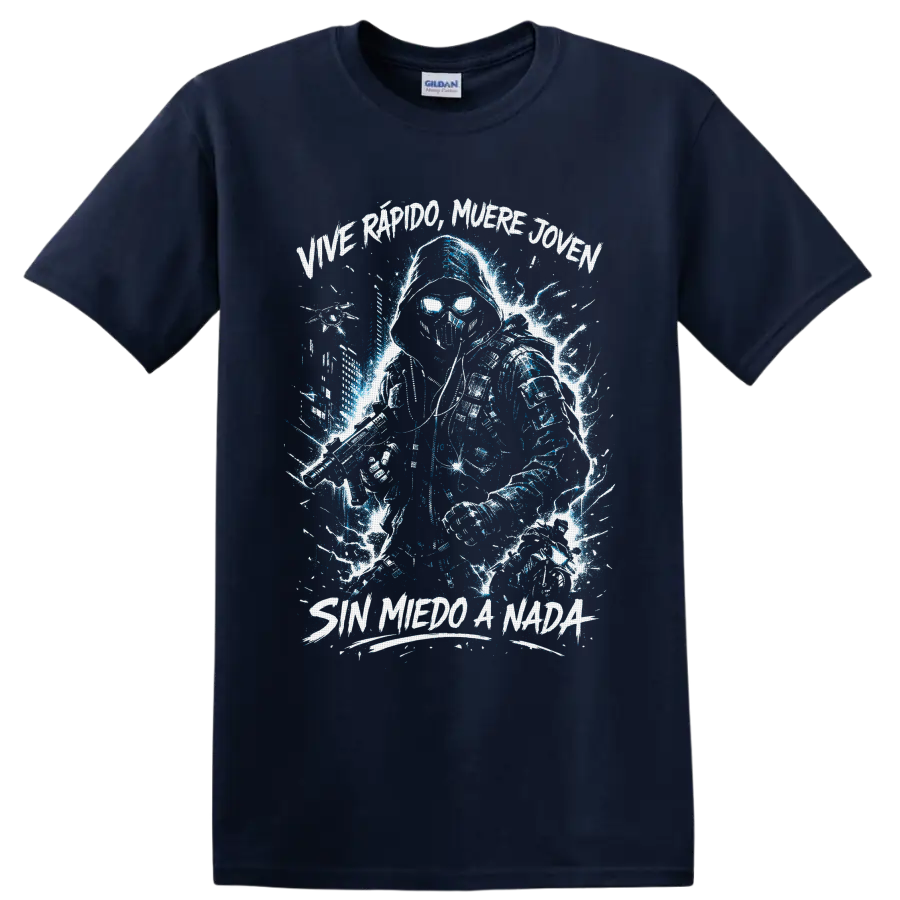 Hooded skull warrior with sword and blue lightning, Sin Miedo A Nada lettering on a Navy (Blue) T Shirt