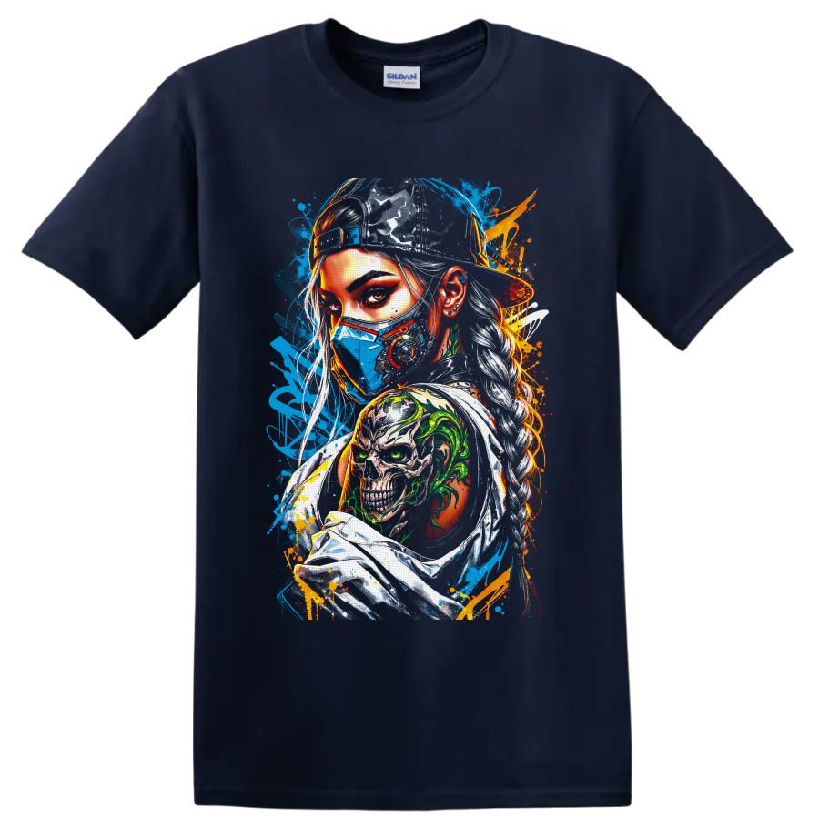 Cyberpunk masked woman portrait with blue respirator mask, skull tattoo, and neon graffiti on a Navy (Blue) T Shirt
