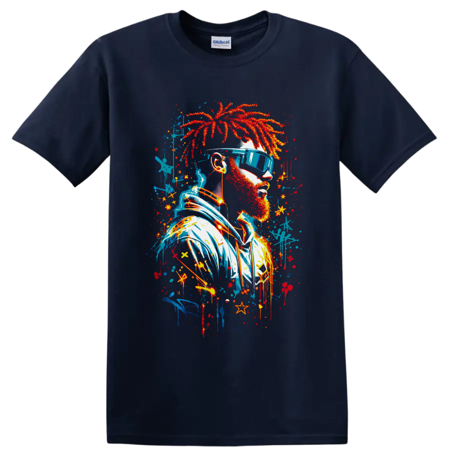 Graffiti-style bearded portrait with red dreadlocks, blue sunglasses, headphones, and on a Navy (Blue) T Shirt
