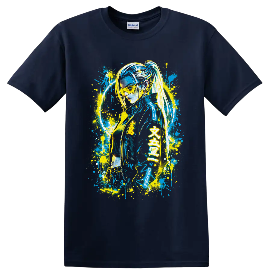 Female V cyberpunk graffiti portrait with neon splatter art on a Navy (Blue) T Shirt