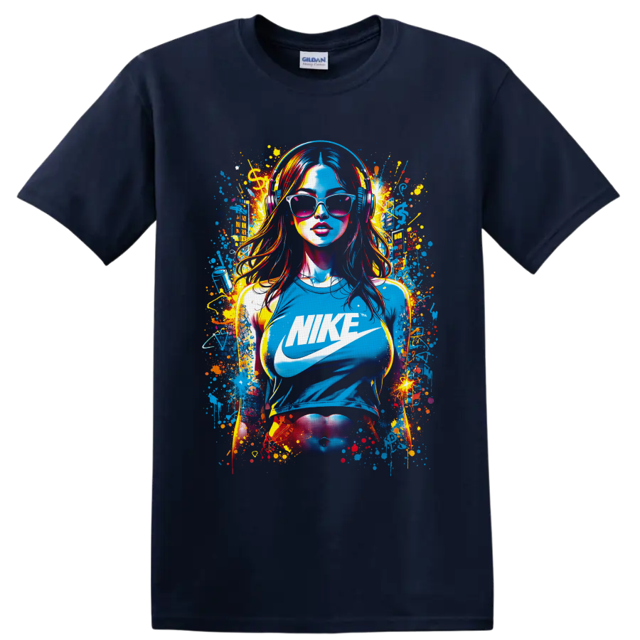 Nike logo pop-art woman in headphones and sunglasses with colorful graffiti splatters on a Navy (Blue) T Shirt