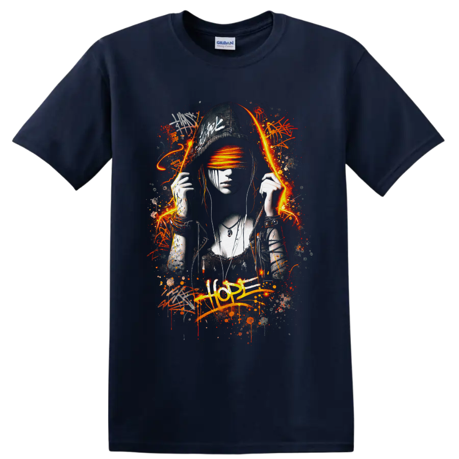 Graffiti-style woman in cap with orange blindfold, paint splatters, and HOPE text on a Navy (Blue) T Shirt