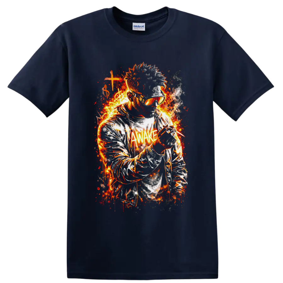 Fiery goggle-wearing musician with microphone, cross, treble clef, and AWAKE text on a Navy (Blue) T Shirt